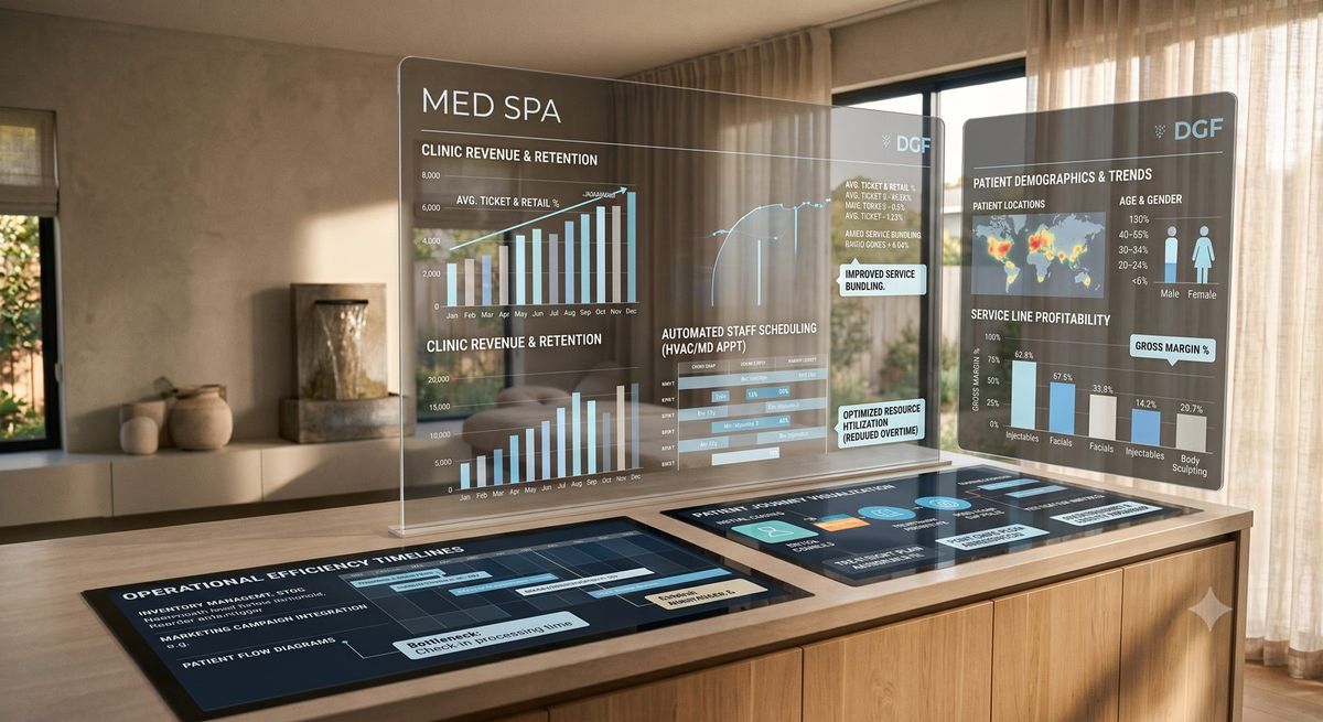 DGF analytics dashboard panels showing Med Spa clinic revenue, retention, staff scheduling, and patient demographics